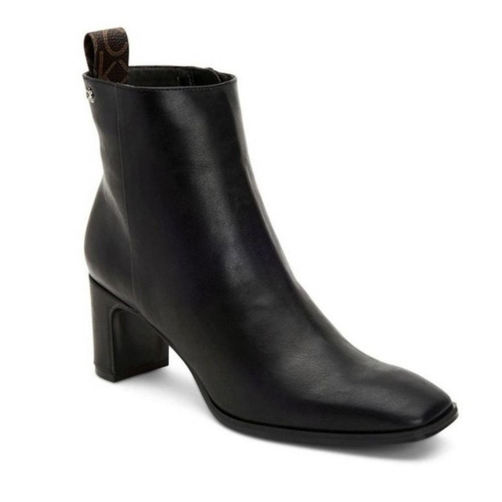Calvin Klein Black Leather Square Toe Block Heel Ankle Boots Women's Size 9‎ New